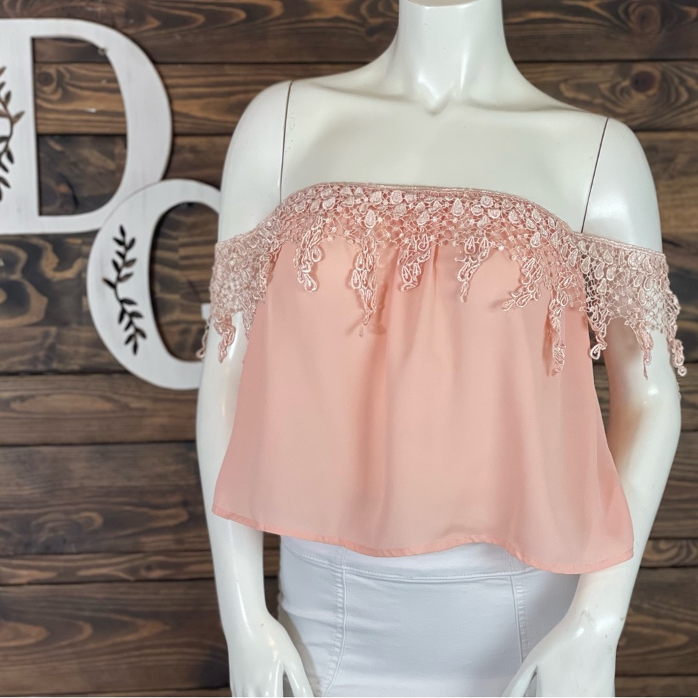 Tobi | Crochet Lace Off the Shoulder Crop Top Chiffon Blouse Bright Feminine